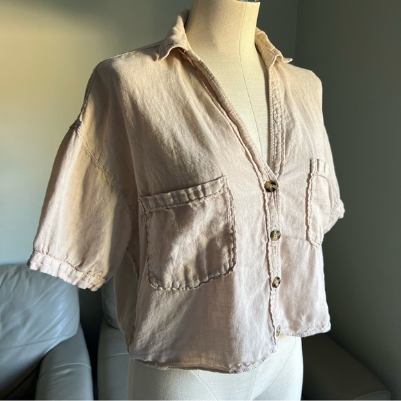 Zara Sz S Tan 100% Linen Button Up Shirt Cropped Short Sleeve Boxy Collared Top - Picture 4 of 17